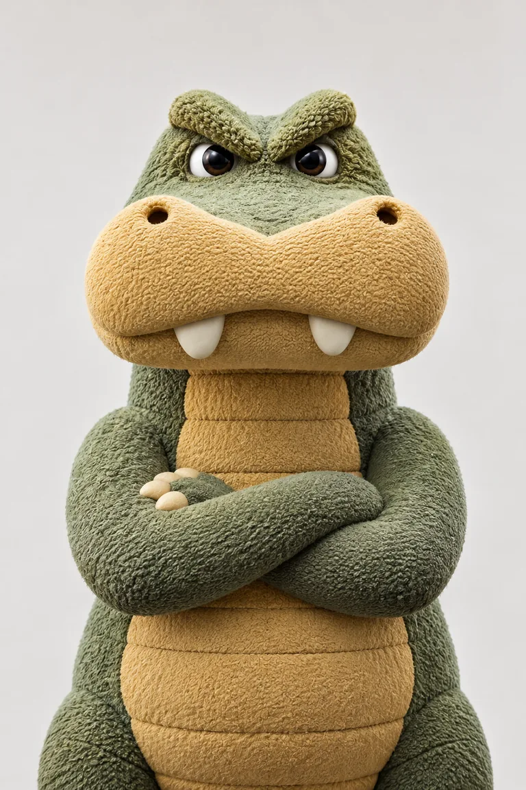 Close-up portrait of Alex the Angry Alligator, from Gelli Belle's magical toy chest