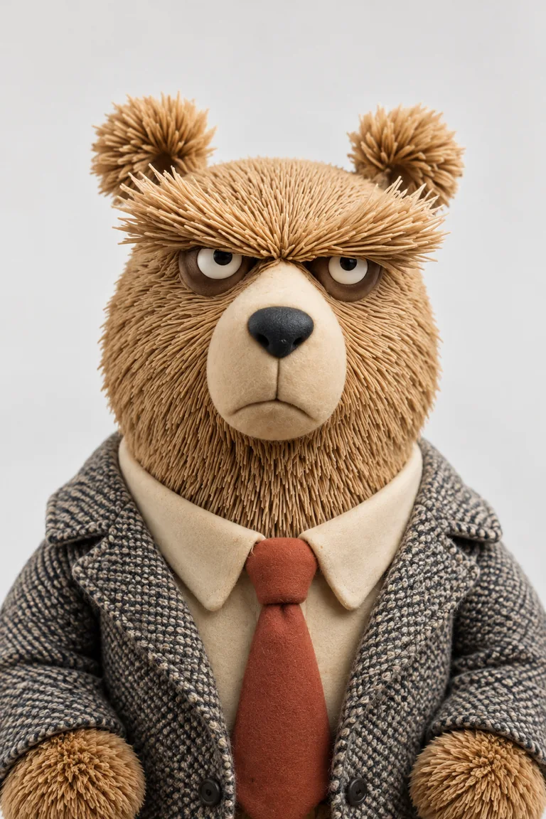 Close-up portrait of Benny the Bossy Bear, from Gelli Belle's magical toy chest