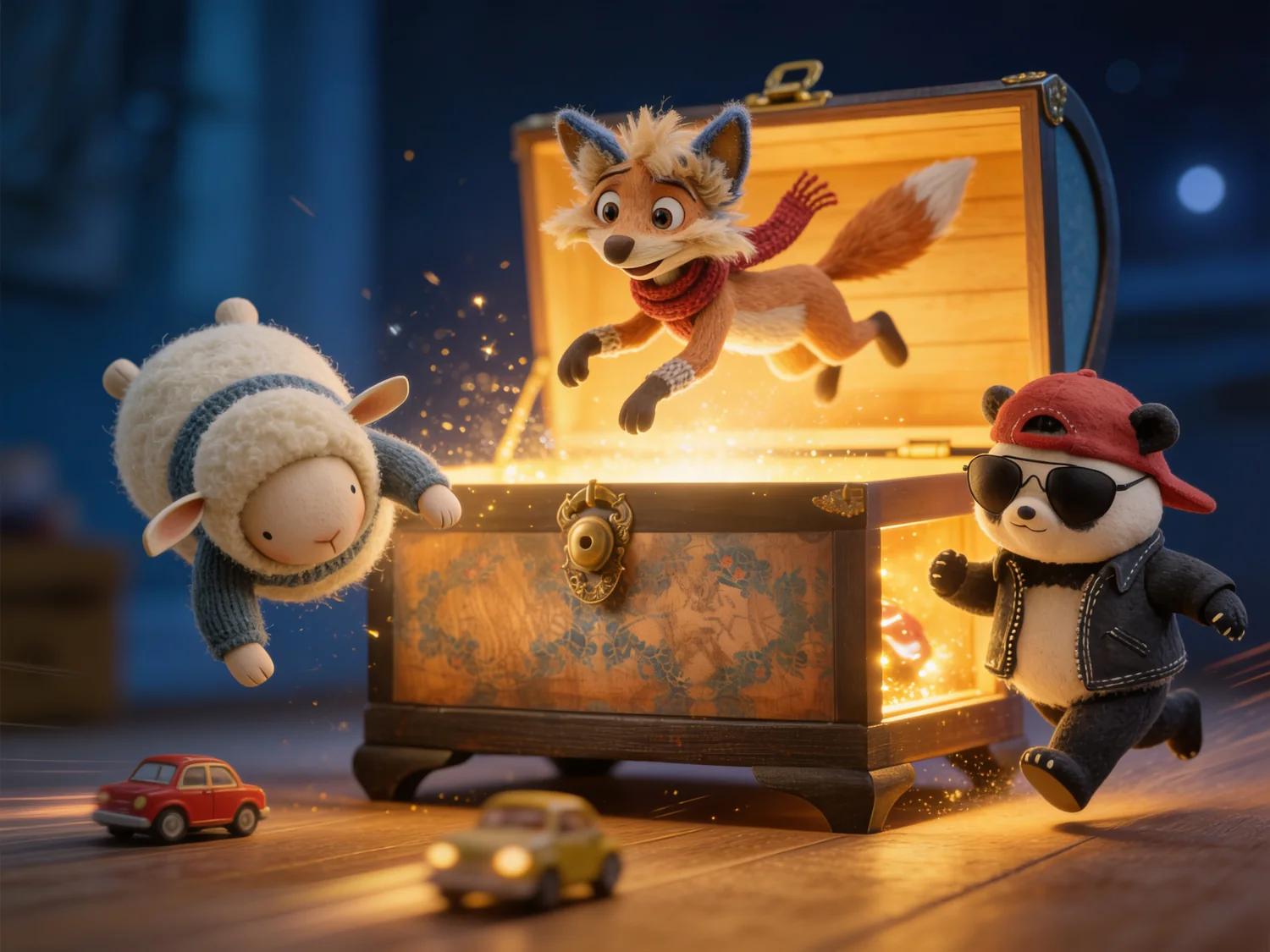 A sheep, a fox, and a very cool panda spring to life around the glowing chest