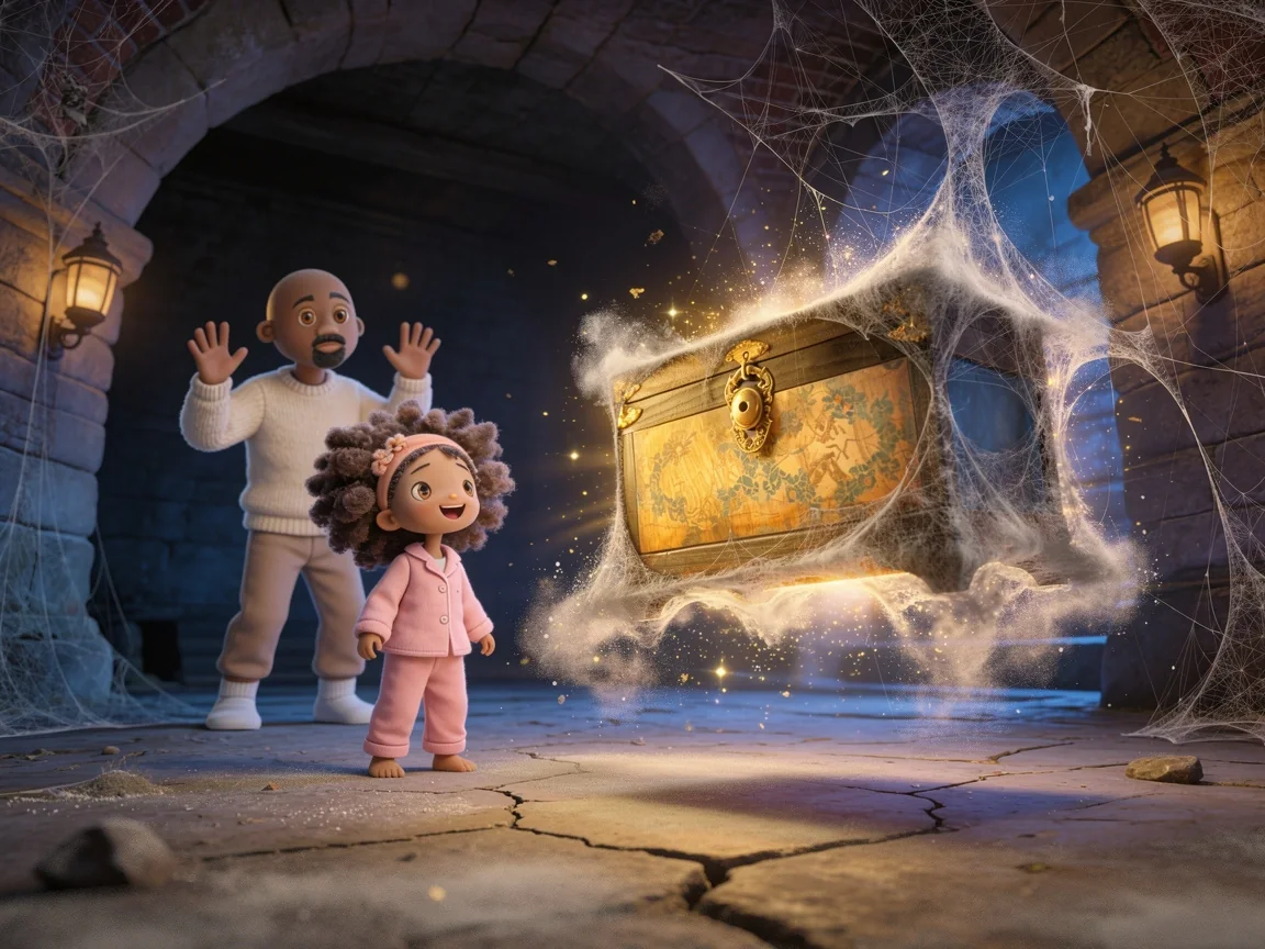 Gelli Belle and her father watch the magical toy chest glow in a mysterious passage