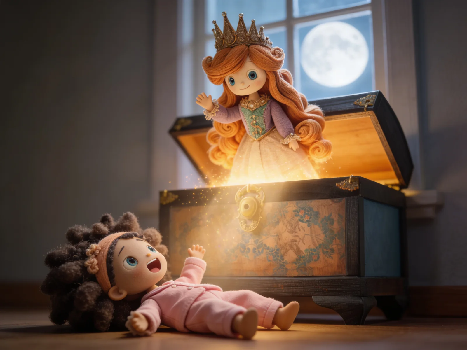 A smiling toy princess floats out of the glowing toy chest as Gelli Belle looks on